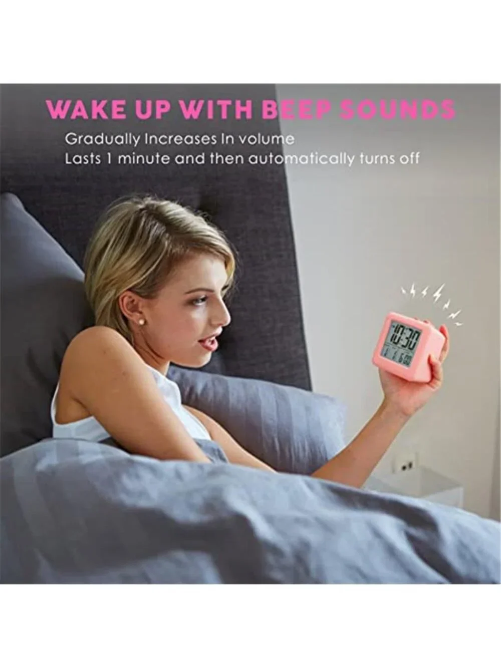 Pink Alarm Clock Large Display LCD Digital Clock Snooze Battery Portable Kids